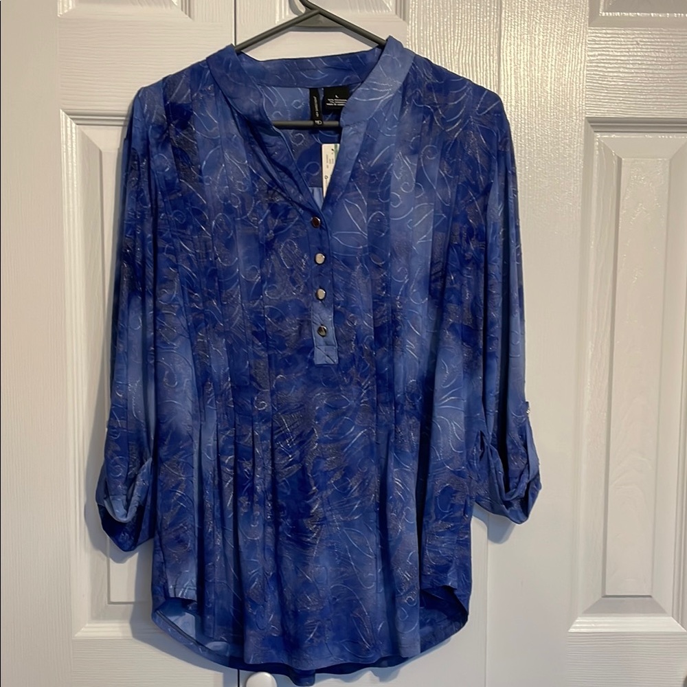 NWT New Directions Blue silver 3/4 sleeve Buttoned Mandarin Collar Blouse large